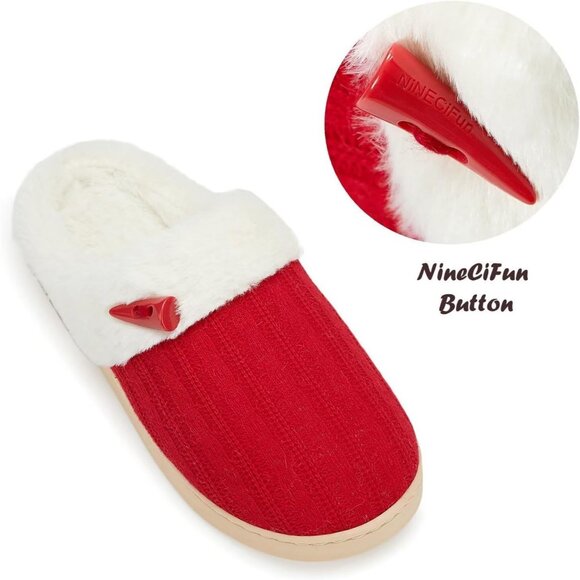 Women's Red Scuff Fur Lining Memory Warm Foam Plush Rubber Slippers Shoes - Picture 5 of 9